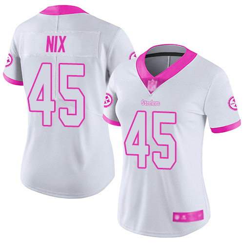 Women Pittsburgh Steelers Football #45 Limited White Pink Roosevelt Nix Rush Fashion Nike NFL Jersey